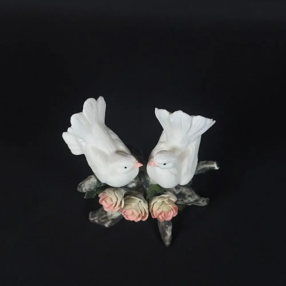 Vintage Capodimonte Italian Porcelain White Dove Love Birds Pink Roses On Branch